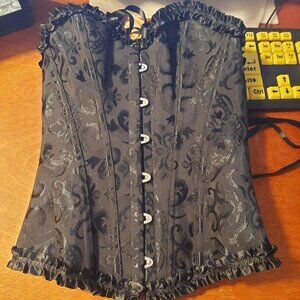 Women Laceup Overbust Corset Waist Training Body Shaper Black Embroider Sz XXS